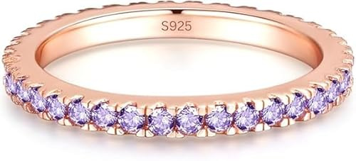 Lisandra Scott Anello da donna in argento 925 con cristalli viola in oro rosa – Anello da donna con scintillanti pietre di ametista, gioielli di qualità da gioielleria, anello da dito impilabile, 10