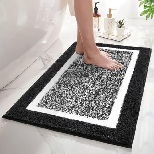 SHACOS Bathroom Rug Mat Fluffy, Microfiber Shaggy Bath Mat, Non-Slip Soft Bathroom Carpet, Super Absorbent Quick Drying, Machine Washable, for Shower Floor Bathtub, Black, 45 x 65 cm