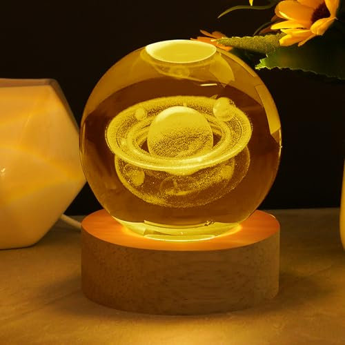 Vicloon Veilleuse Boule de Cristal 3D,Saturne Crystal Ball Night Light,Lampe de Nuit Boule de Verre avec Base en Bois,Décoration de Bureau,Cadeaux d'astronomie pour Enfants(lumière chaude)