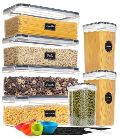 Comfivibe Cereal Storage Containers, Food Storage Containers, 7 Pcs Flour Storage Containers, with 1 Marker, 4 Measuring Cup and 16 Labels, Sealed Moisture Proof Storage Box with Lid (3 Sizes)