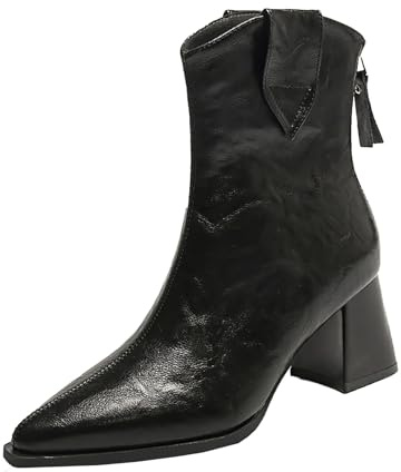 Stiefeletten Damen Mit Absatz Spitz Elegante - Ankle Boots Blockabsatz Schlupfstiefel Kurzschaft Lederstiefel Lack-Leder Damenstiefel High Heels Stiefeletten Business Knöchelschuhe