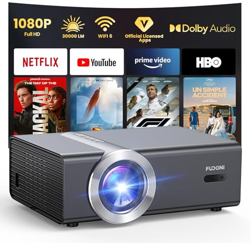[Netflix Licensed & Dolby Audio] FUDONI 4k Smart Projector with WiFi and Bluetooth, Electric Focus & Auto Keystone, Native 1080P Max 300'', 50% Zoom, Built-in Netflix/YouTube/PrimeVideo/Apps