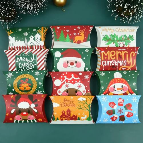 24/12 Stück Weihnachts-Pralinenschachtel in Kissenform, Frohe Weihnachten, Geschenkbox aus Kraftpapier, Verpackung für Kindergeschenke, Frohes Jahr, Mix, 24 Stück, 11,8 x 7,4 x 2,5 cm