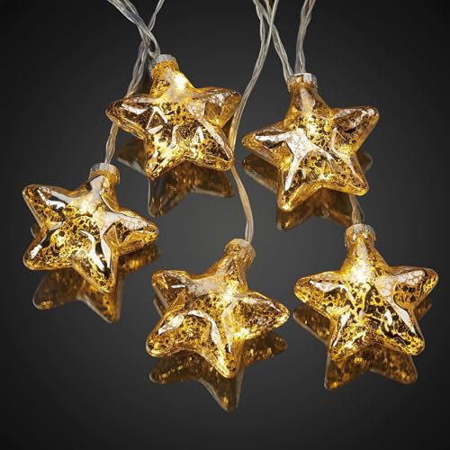 hellum LED Lichterkette mit Glas-Sternen goldfarbenen Antik-Finish, 10 LED, warmweiß, batteriebetrieben 3x AA, innen, beleuchtete 1,80m, Kabel transparent, Weihanchtsdekoration 152739