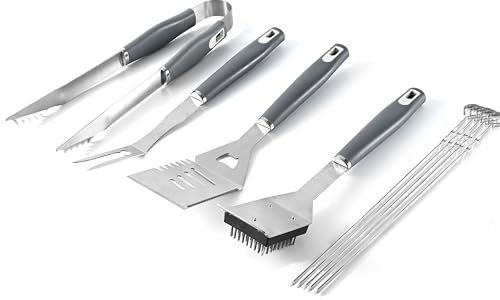 Set d'Accessoires Barbecue 10 Pièces Inoxydable - Premium Ustensiles de Cuisson Extérieur avec Pince, Spatule, Fourchette & Brosse Nettoyage - Complet pour Jardin, Camping, Balcon, BBQ et Extérieur