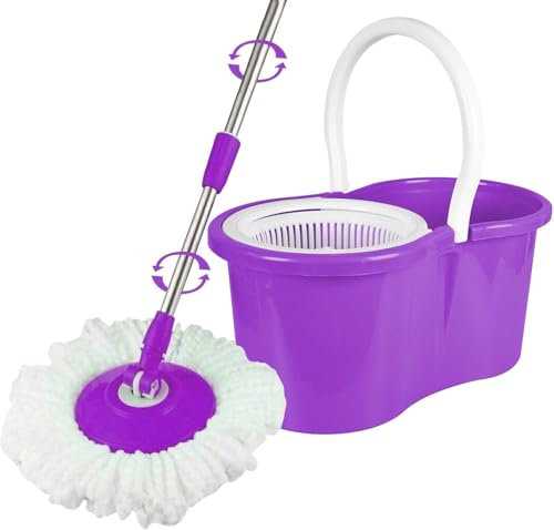Spin Mop Bucket Set with Spin 360 Wringer and Two Microfibre Mop Pad Head Telescopic Easy Press Handle with Spin Dry Cleaning Caddy Set-Microfibre Home Cleaning Clean Floor, Purple