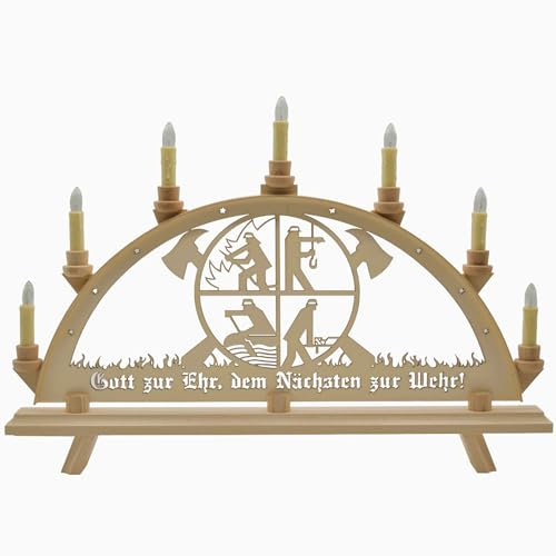 Erzwelt - Lichterbogen DBR55 – Schwibbogen aus Holz – Leuchtbogen mit 7 Kerzen – Original Erzgebirge Fensterbogen – handgemachte Weihnachtsdeko – Motiv Feuerwehr – 55 x 37 x 5 cm