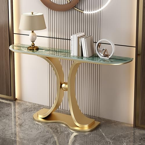 Table console moderne en imitation marbre vert avec design incurvé, table de canapé élégante pour salon et couloir (150 cm)