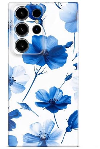 ONEFLOW Flower Cover für Samsung Galaxy S24 Ultra Hülle in Floral Optik, Blumen Designer Case Handy Schutzhülle mit Kameraschutz, Hardcase dünne Handyhülle Blumenmuster, Blau Weiß