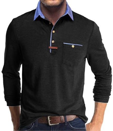 Volemo Mens Long Sleeve Polo Shirts Cotton Polos T-Shirts Smart Casual Tops with Pocket Black XXXL