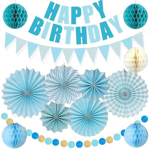 14 Stück Blau Wiederverwendbare Geburtstagsdeko, Happy Birthday Party Deko, Kindergeburtstag Deko, Happy Birthday Girlande, Papierfächer, Wimpelkette, Wabenbälle für Mädchen Junge Deko