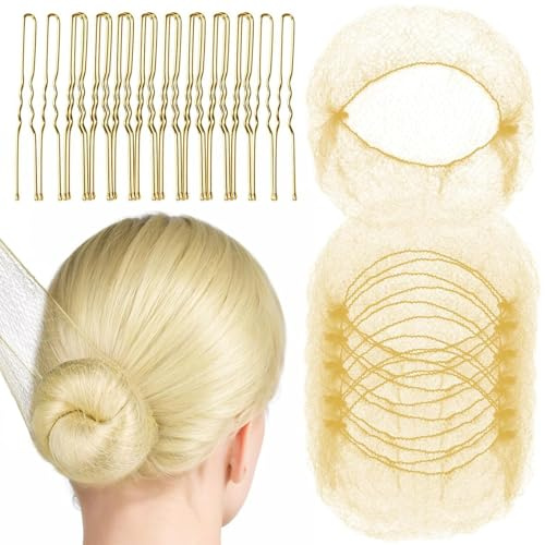 ShiningUU Haarnetze für Dutt, unsichtbar, blond, elastischer Rand, Netz-Haarnetze und U-förmige Haarnadeln – 20 Stück Nylon-Ballettnetze + 20 Stück U-förmige Nadeln, unsichtbar für lang/kurz/dick
