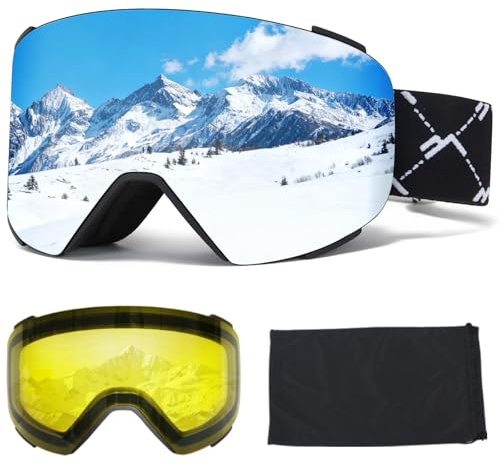 VCOROS Skibrille YH693C, Skibrille Magnetisch OTG für Unisex UV-Schutz Anti-Nebel Vollständig Plattiertes REVO Verstellbarer Rutschfester Riemen,Snowboard Brille für Skifahren (03-Silver/Black+Linse)
