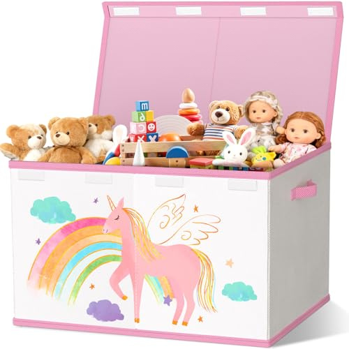 VERONLY Toy Storage Box with Lids for Girls Boys - Fabric Large Kids Toy Chest Container, Foldable Basket Organiser with 2 handles for Toys,Books,Blankets,Clothes (Beige&Pink)
