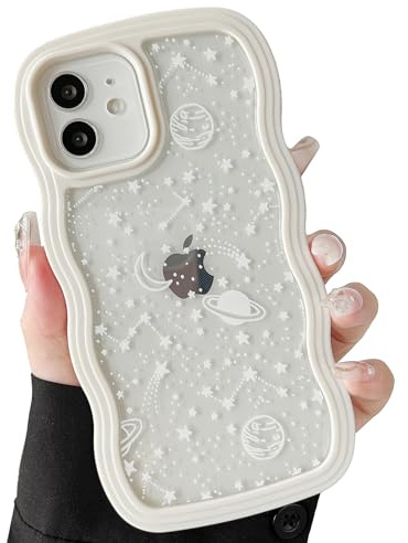 ZTOFERA Aesthetic Curly Wavy Case for iPhone 11 (6.1), Cream | Cute Planet Star Moon Pattern, Hard PC Colored Wave Soft Silicone Bumper Case, Shockproof Protective Cover, for Girls Women