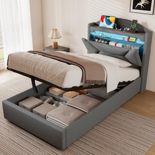 ZUUYEE Cama 90x200 cm con Almacenamiento, Cama Individual con LED, Puertos USB y Type-C, Somier 90x200 Hidráulico, Camas Juveniles Camas Infantiles con Cabecero, Lino, Gris, Colchón No Incluido