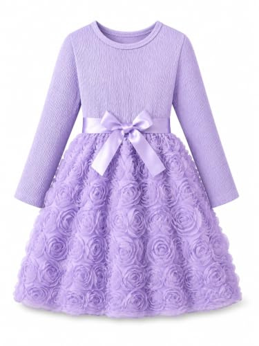 JiAmy Mädchen Kleid Langarm 3D-Blumen Rosenkleid Festlich Partykleid 2-8J. | Herbst Kinder Geburstag Tüllkleid A-linien Kleider Mädchen mit Satinbund