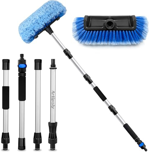 160cm Brosse de lavage auto long manche, raccord de tuyau interrupteur | 30cm poils souples, extensible manche, pour voiture, car, SUV, camion, bateau, façade maison, Bleu