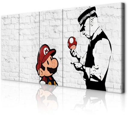 decomonkey Bilder Banksy Mario 225x90 cm XXL 5 Teilig Leinwandbilder Ziegel | Bild auf Leinwand, Wandbild, Kunstdruck, Wanddeko, Wohnzimmer, Wanddekoration, Street Art