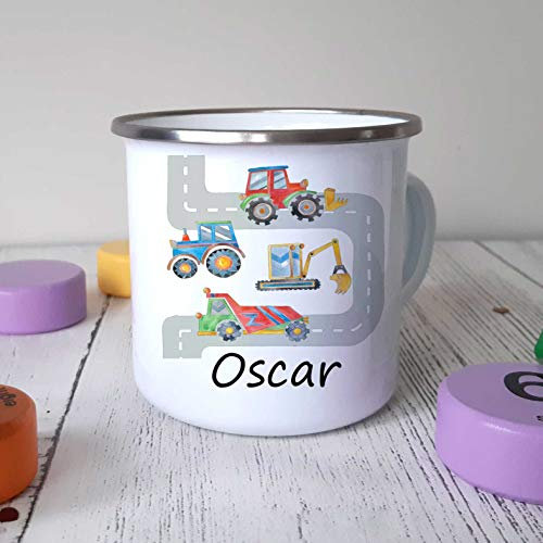Personallised Kids toddler Enamel Camping Mug Cup Gift, birthday easter Gift for Child, Digger Mug