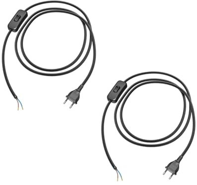 ledscom.de 2 Stück Eurostecker Typ C mit Textilkabel, Schalter, 2 m, schwarz, 2 x 0,75 mm²