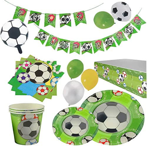 RPARTY Decoraciones Fútbol y Vajilla Papel Fiesta Feliz Cumpleaños para Niños 16 Invitados El Juego de 78 Piezas Incluye Platos, Vasos, Mantel, Servilletas,Guirnalda
