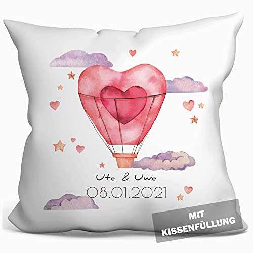 personalisierbares Kissen zur Hochzeit, Valentinstag oder Jahrestag, Hochzeitskissen Auto Hochzeits-Geschenk Geldgeschenk Kissenhülle mit Füllung und Namen weiß 40cm x 40cm (Aquarell Ballon)
