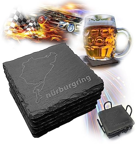 Ensemble de 6 sous-Verres en Ardoise Ensemble de sous-Verres Nürburgring Décoration de Salle à Manger à la Maison Cadeau Parfait pour Les Hommes et Les Fans de Course Noir