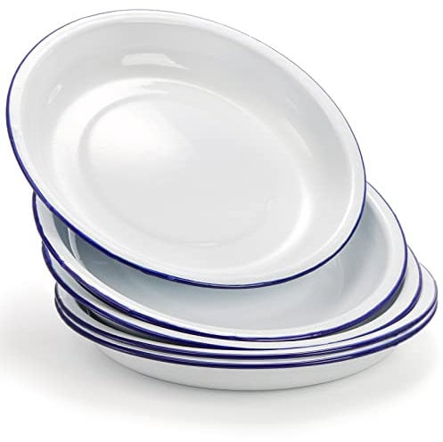 Dicunoy Pack of 5 Enamel Plates, 9.5 Unbreakable Enamelware Dinner Serving Platter Trays, Retro White Round Shallow Bowls with Blue Rim for Pasta, Salad, Camping, Outdoor, Picnic, BBQ
