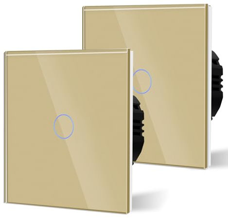 BSEED Touch Light Switch,Standard Touch Sensitive Bathroom Switchs,Tempered Glass Panel with LED Backlight, No Neutral Wire Needed,1 Gang 2 Way-2 Pack,Gold 86mm