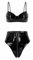 TiaoBug Damen Metallic Bikini Sets Zweiteiliger Badeanzug Bademode Wetlook BH Oberteil und Bikinihose Lack Leder Ouvert Slip mit Reisverschluss Schwarz High Waist M