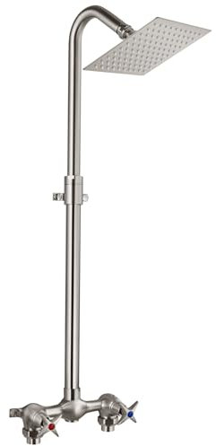 Aolemi Gebürstetes Nickel Outdoor Duschset Wandhalterung mit verstellbarer Schiebestange 15,2 cm Duscharmatur Set Dual Kreuzgriffe freiliegende Duscharmatur Set mit Überkopfbrause Messing Mix Ventil