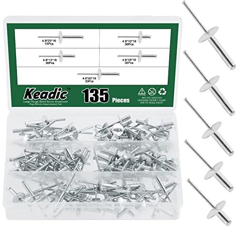 Keadic 135Pcs 5 Sizes Aluminum Large Flange Blind Rivets Assortment Set Includes3/16 x 3/8'', 1/2'', 5/8'', 3/4'', 1'', Flange Diameter 5/8 (16 mm) Pop Round Dome Open Head Blinds Pop Rivets