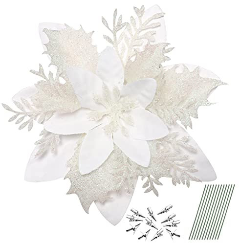12Pcs Poinsettia Artificial Flowers, Christmas Glitter White Flowers Ornaments for Christmas Tree, with Stems and Clips, Xmas Floral Party Decor Wreath, Garland Craft Supplies, White