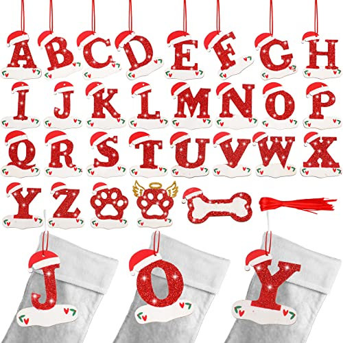 29 Stück Holz Weihnachtsbaum Dekoration mit roten Bändern, 26 Stück Weihnachten 26 Buchstaben Ornamente Weihnachten Buchstaben Ornamente Weihnachten Pfote Holz Ornamente Holz Engel Haustier Pfote mit