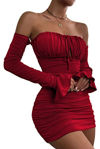 Zesoyne Women Off The Shoulder Ruched Bodycon Mini Dress Flounce Long Sleeve Tie Front Short Club Dresses Small Red