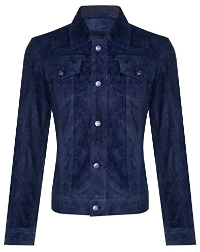 Men's Navy Blue Goat Suede Jeans Jacket Trucker Casual Denim Leather Shirt 2XL