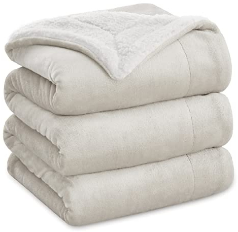 Bedsure GentleSoft Sherpa Fleece Blanket Queen Size for Bed, Non-Heated, Thick and Warm Throw for Women and Men, Soft Fuzzy Plush Queen Blanket for Winter, Linen, 90x90 Inches