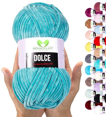 MeriWoolArt Chenille Garn zum Stricken und Häkeln Dunkle Minze - 100 g und 120 m Samt-Wolle - 100% Flauschige Polyester Strickgarn für Amigurumi Kissen Decken weiche Kleidung Geschenke