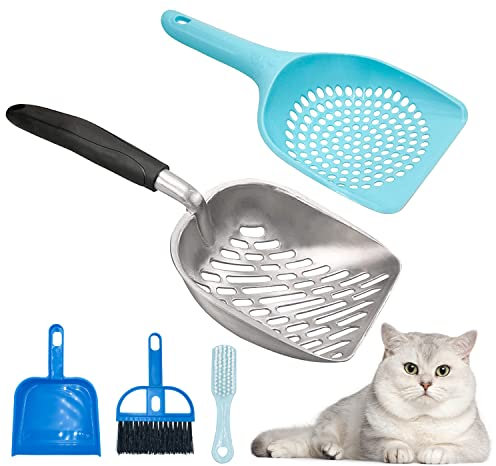 Reyshin Dondeen 4 Pieces Pelle à Litière pour Chat Set, Pelle à litière pour Chat en Alliage d'aluminium avec Long Manche Facile à Nettoyer,Convient pour Nettoyer Les bacs à litière pour Chats (L)