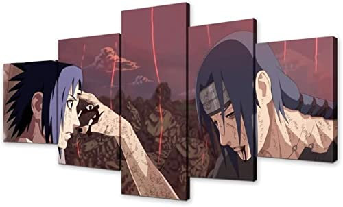 VEYEBZ 5 Stück Leinwandgemälde Wandkunst Uchiha Itachi Vs Sasuke HD Bild 5 Teiliges Leinwand Drucke 150×80cm Mit Rahmen Modulare Wandmalerei Abstraktes Poster Zimmer Dekoration Geschenk