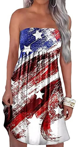 Wudlads Amerikanische Flagge Gesmokte Rüschen Trägerloses Minikleid Frauen 4. Juli Kleid USA Flagge Patriotischen Strand Sommerkleid, Weiss/opulenter Garten, Mittel