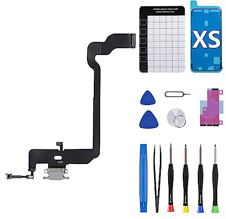 for iPhone XS Dock Connector Charging Port Flex Cable Replacement White Headphone Jack Mic Assembly Antanna Flex Ribbon Cable USB Charge Repair Tools Kit Magnetic Pad for A1920 A2097 A2098 A2099 A2100