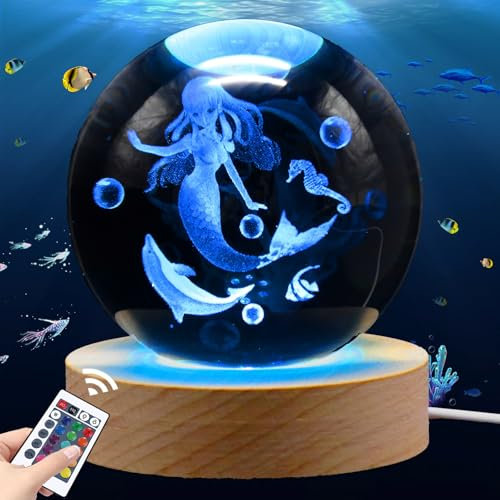 80mm Meerjungfrau Nachtlicht für Kinder, Meerjungfrau Geschenke Mädchen, 3D Illusion Lampe Kinderzimmer LED Licht, Fernbedienung 16 Farbwechsel Dimmbar, Weihnachtsgeschenke für Mädchen Junge