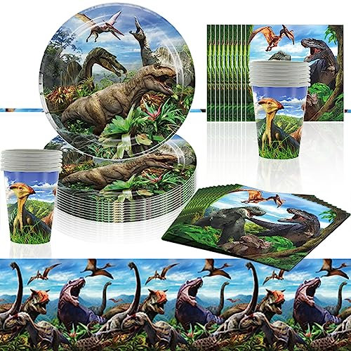 Ensemble de Fête d'anniversaire Dinosaure,41 pièces Anniversaire dinosaures vaisselle,Vaisselle de Fête Dino,assiettes en papier,gobelets,serviettes,pour les fêtes d'anniversaire