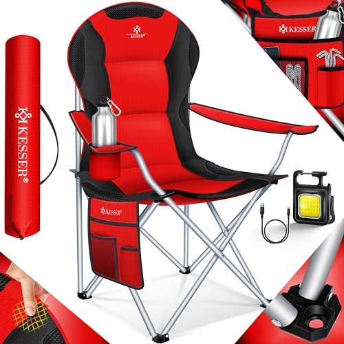 KESSER® Campingstuhl faltbar bis 150 kg Angelstuhl Faltstuhl Klappstuhl Gepolstert mit Armlehnen, hohe Rückenlehne Strandstuhl, Klapphocker inkl. Campinglicht Getränkehalter Tasche & Becher Rot