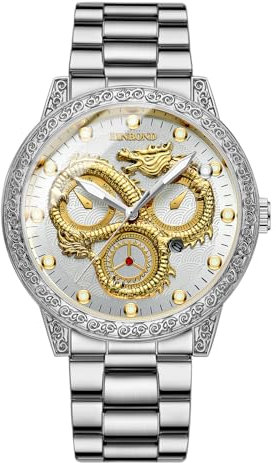 JewelryWe Uhren Herren Edelstahl Drache: Datum Kalender 30m wasserdichte Analog Quarz Armbanduhr Männer Silber Edelstahl Armband Uhr mit geprägten golden Drachen Zifferblatt und Leuchtzeiger