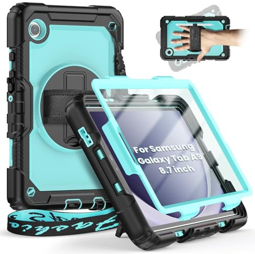 Timecity Case for Samsung Galaxy Tab A9 8.7 Inch 2023 (SM-X110/ X115/ X117 Tablet), Shockproof Case With Screen Protector, 360° Rotating Stand, Hand&Shoulder Strap Cover for Galaxy Tab A9 8.7-LBlue