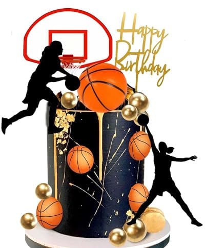 Qoadwem Girls Basketball Cake Toppers, 17pcs: Gold Basketball, Balls, Players & Birthday Toppers for Various Celebrations