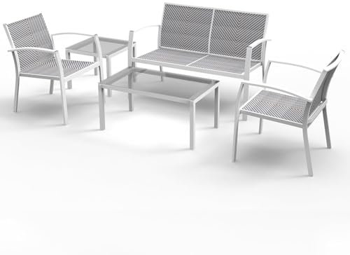 RANSENERS Premium 5tlg-Set Gartenmöbelset - Sofagarnitur mit Metallrahmen und Polyrattan Sitzfläche für Garten Terrasse und Balkon - Weiß